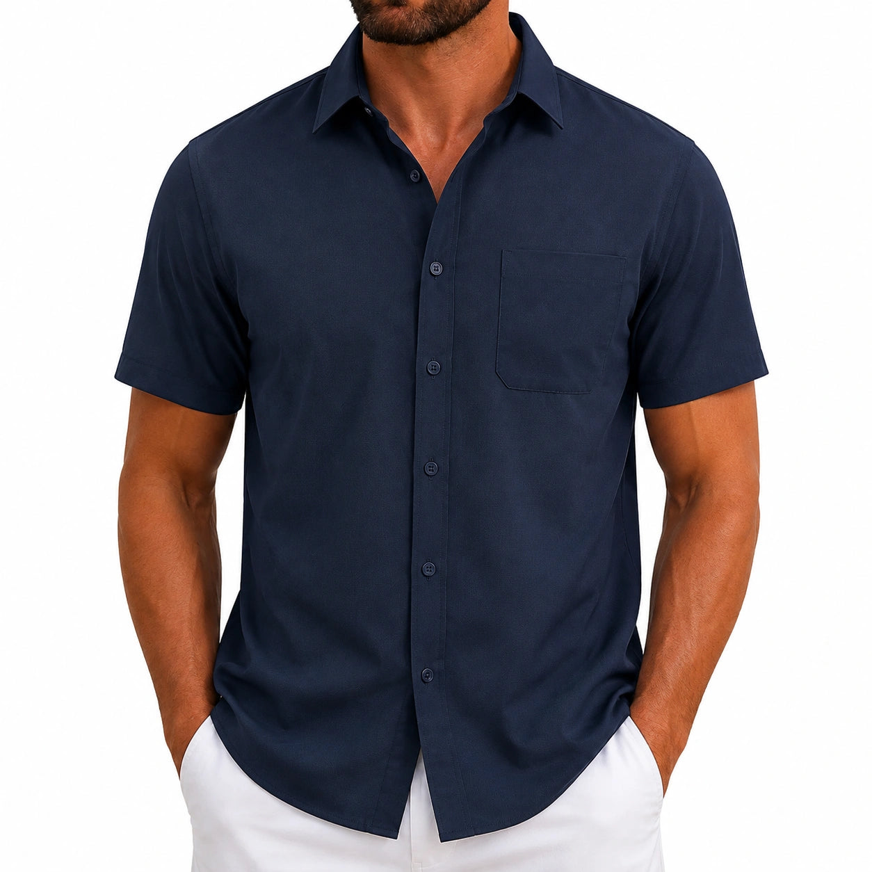 Camicia da uomo M in tessuto blu navy a maniche corte - stile casual con taschino