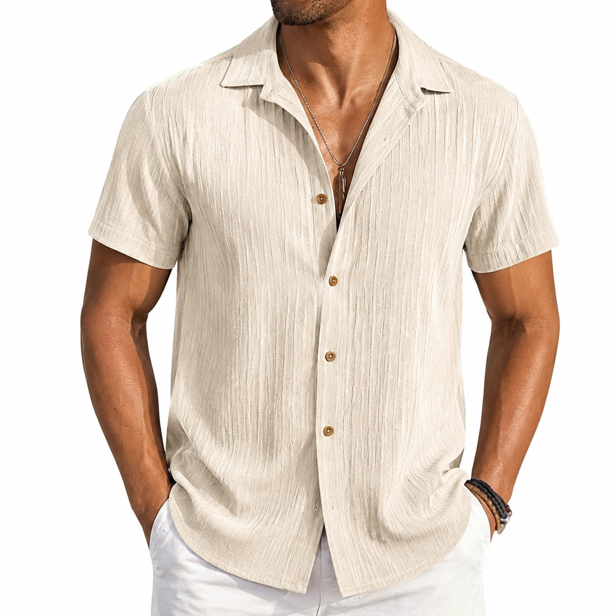 Camicia uomo L in tessuto beige a maniche corte con colletto stile casual