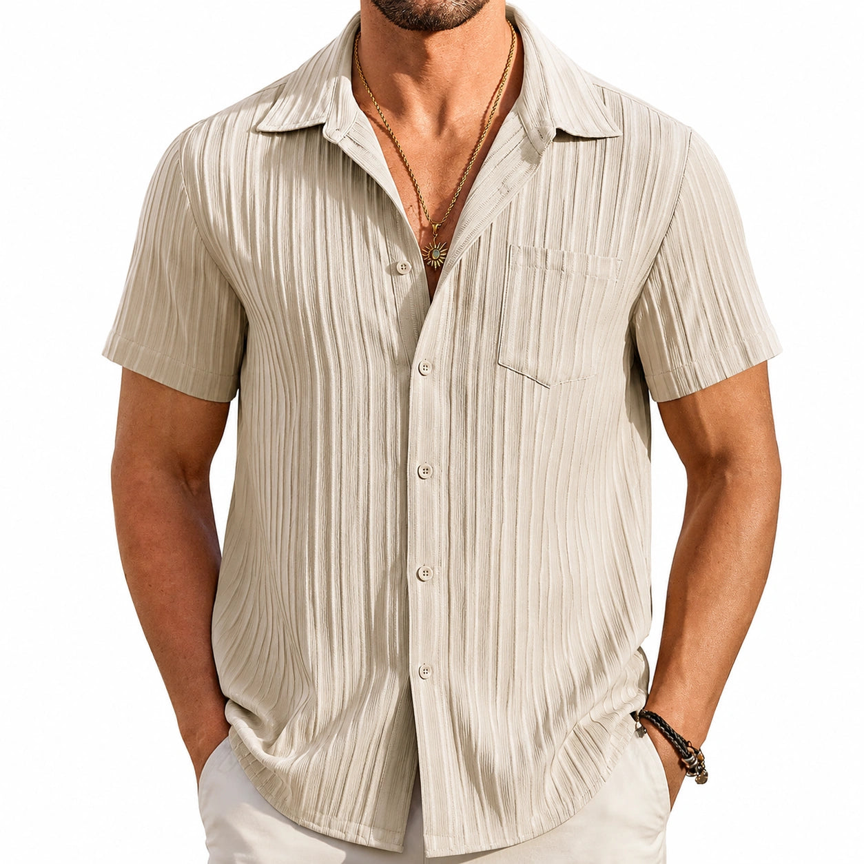 Camicia uomo taglia L beige in tessuto plissettato a manica corta casual