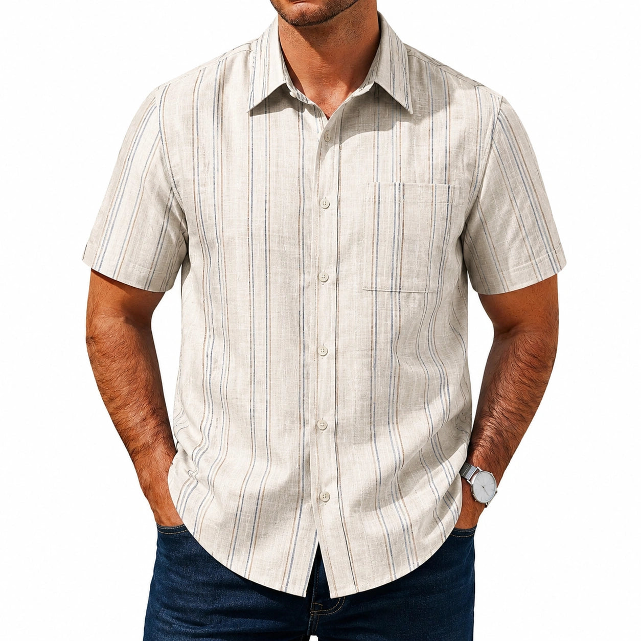 Camicia uomo L in tessuto beige a righe manica corta con taschino