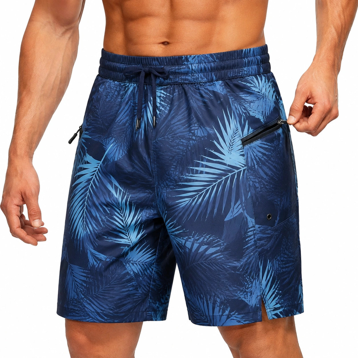 Pantaloncini da bagno uomo M in tessuto sintetico blu con stampa foglie e tasca con zip