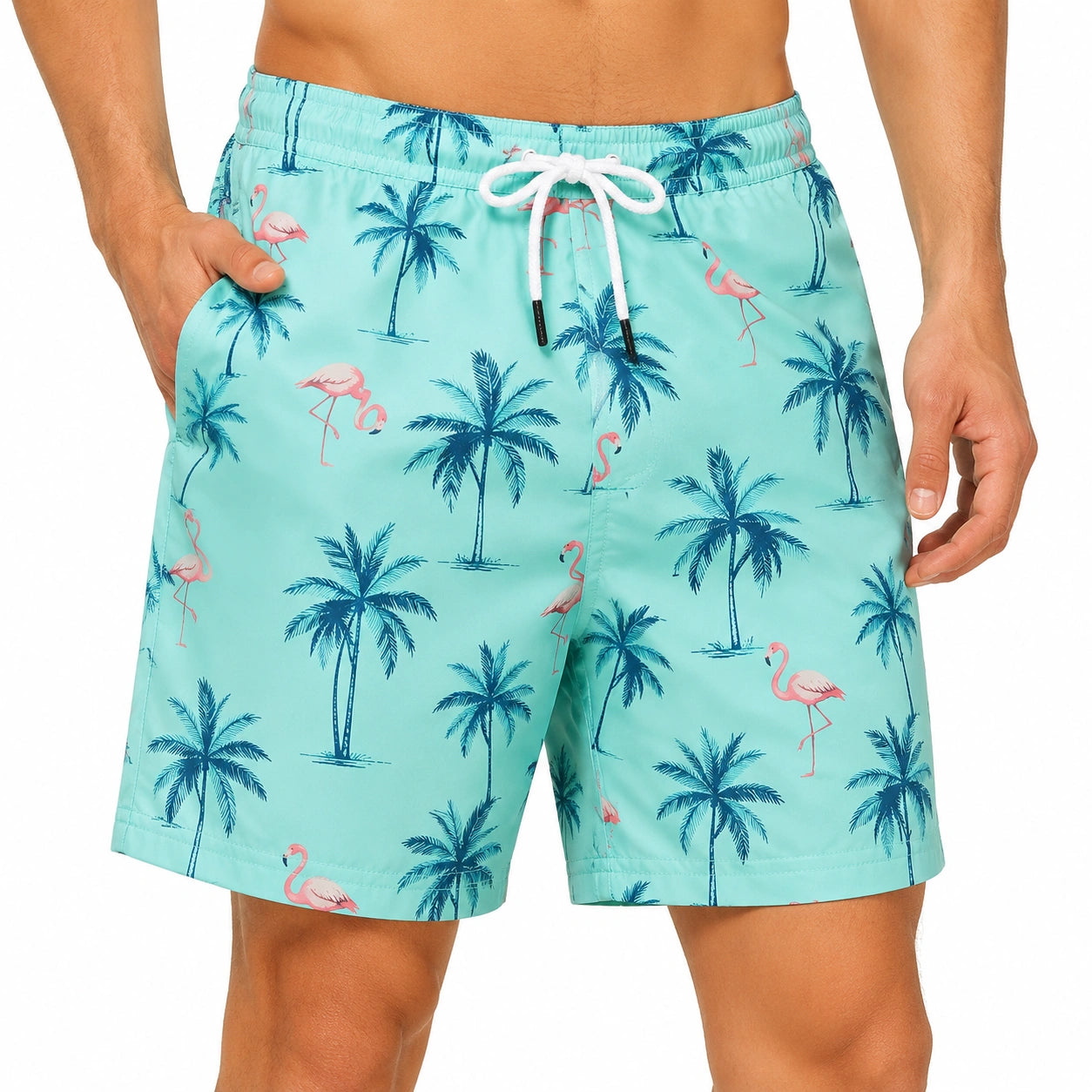 Costume da bagno uomo L in tessuto sintetico turchese con stampa tropicale e tasche