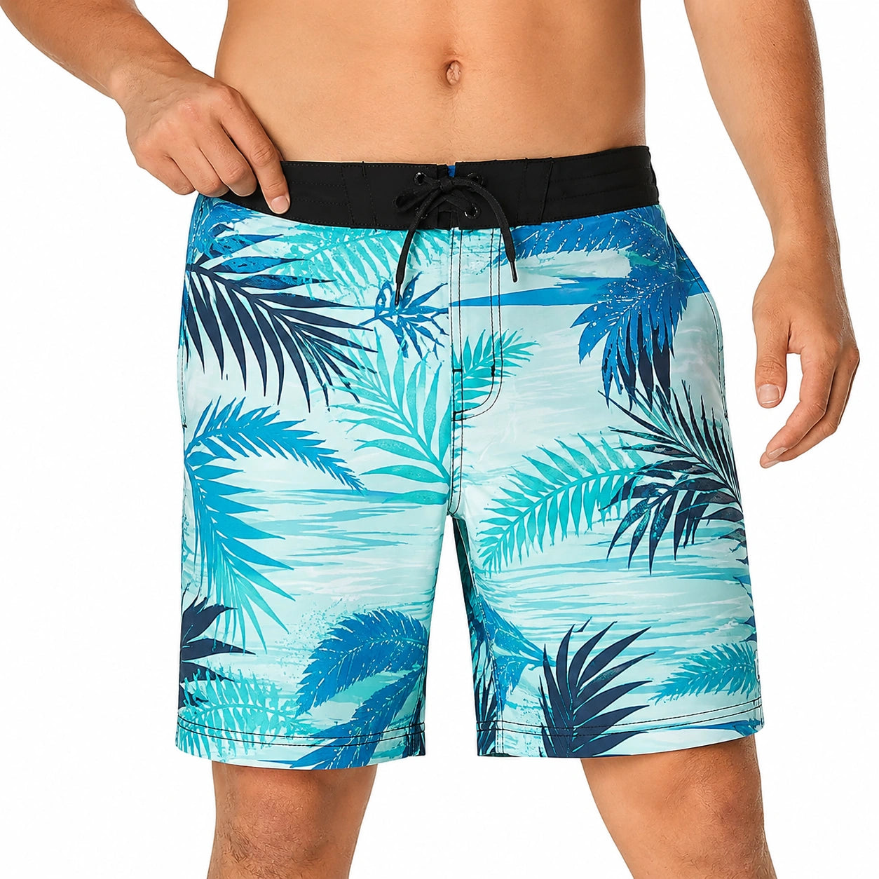 Costume da bagno uomo taglia L con stampa foglie blu turchese e nero - bermuda mare con coulisse