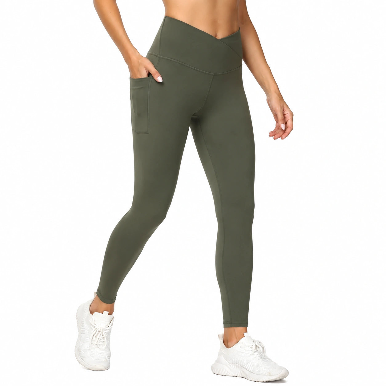 Leggings donna taglia M in tessuto elasticizzato verde oliva - vita alta con tasca laterale