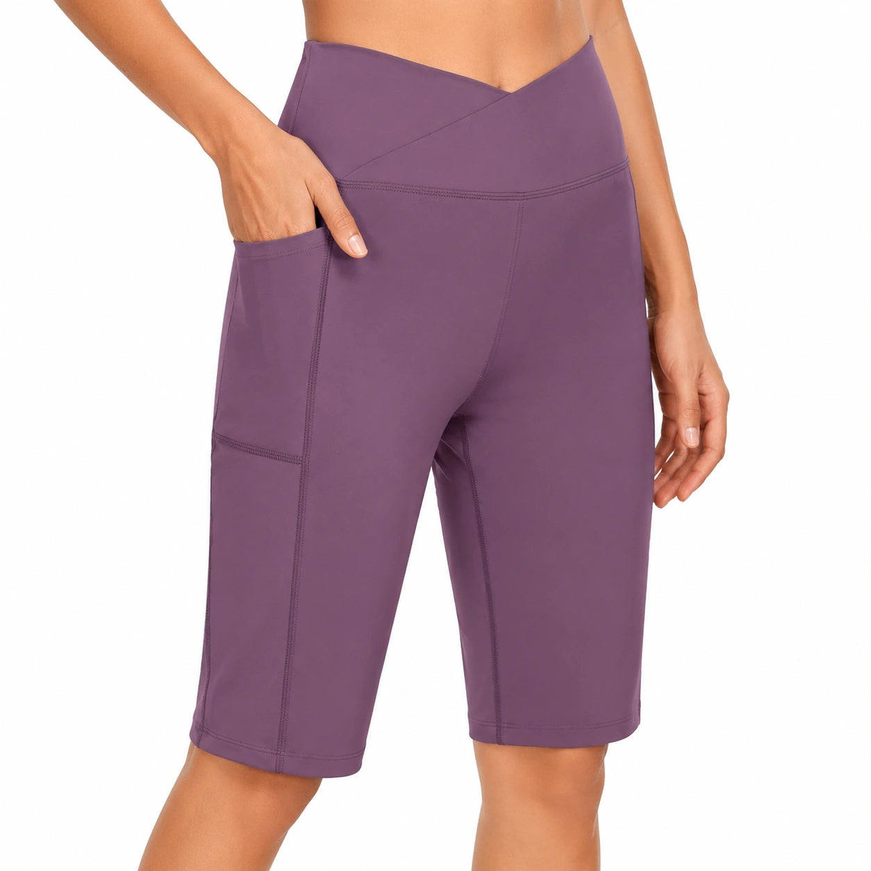 Pantaloncini ciclista donna S viola in tessuto elasticizzato con tasca laterale per attività sportiva