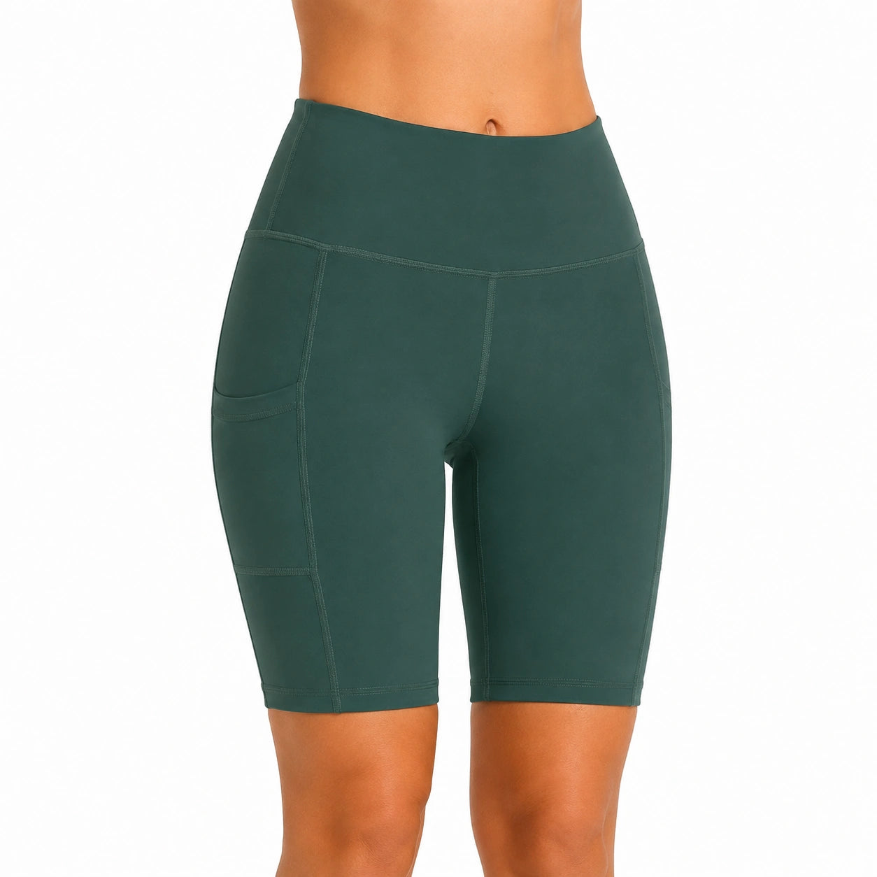 Pantaloncini sportivi donna M in tessuto elasticizzato verde scuro a vita alta