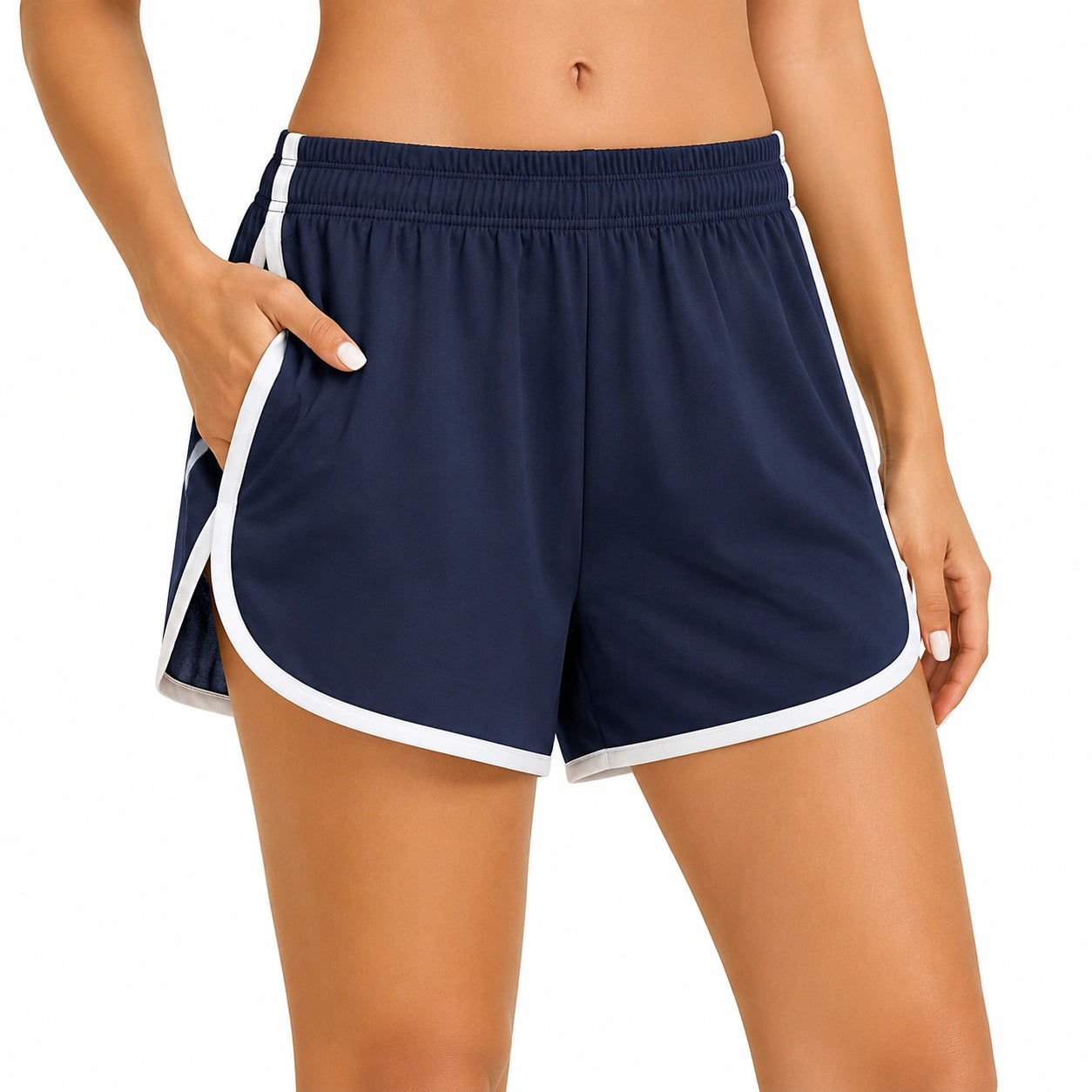 Shorts sportivi donna M in tessuto sintetico blu navy e bianco con tasche