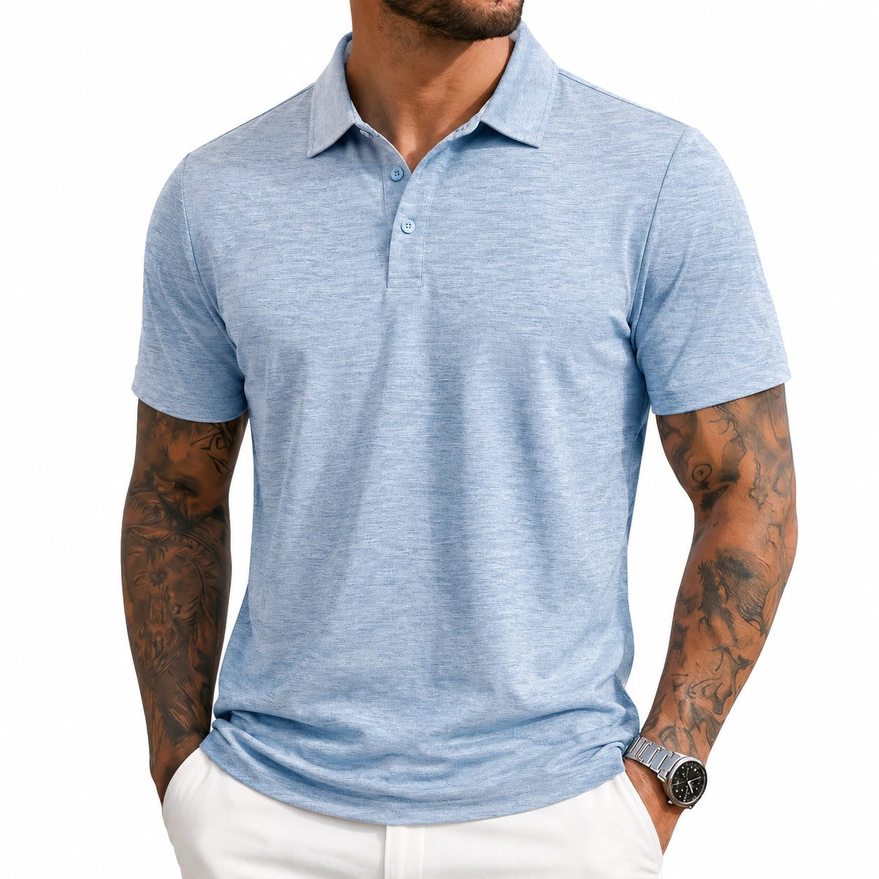 Polo uomo taglia M in tessuto azzurro mélange a maniche corte stile casual