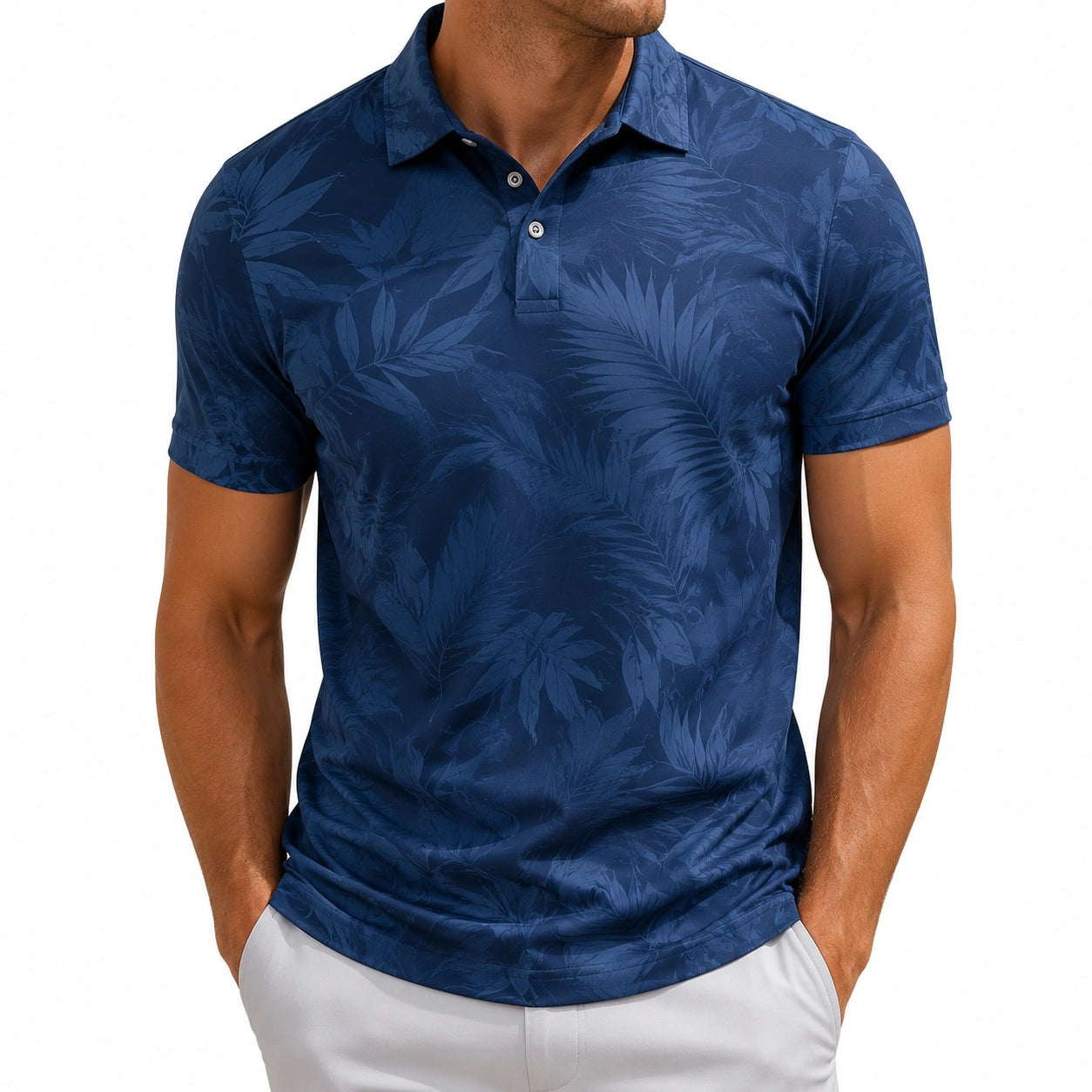 Polo uomo taglia M blu navy con stampa botanica a maniche corte