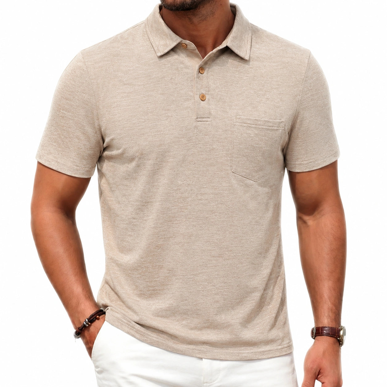 Polo uomo taglia L in tessuto testurizzato beige a maniche corte con taschino