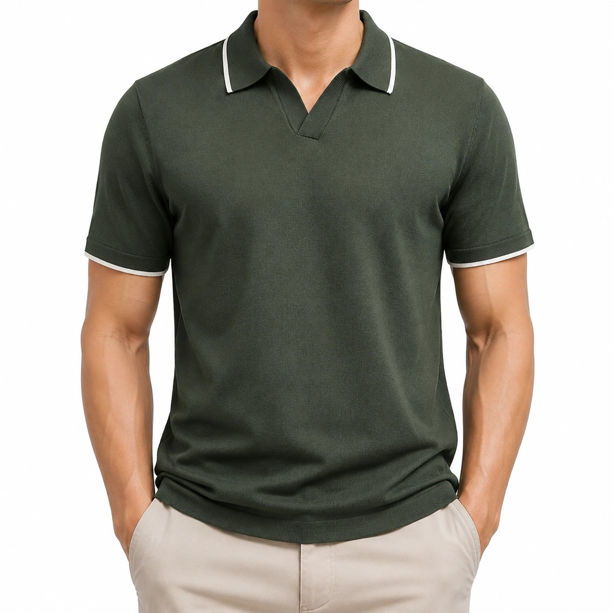 Polo da uomo L in tessuto a maglia verde scuro con profili bianchi - casual a maniche corte
