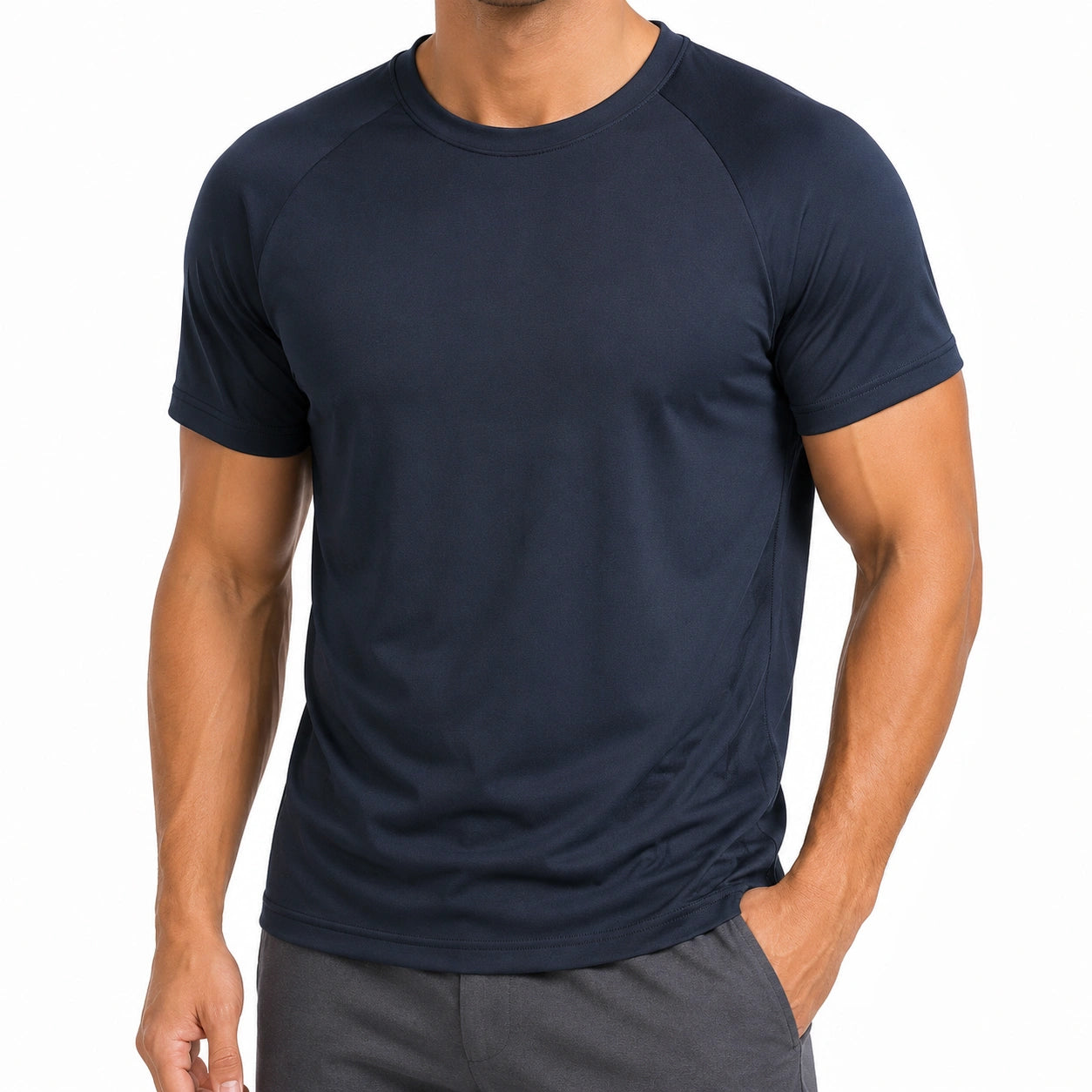T-shirt uomo L in tessuto sintetico elasticizzato blu navy a maniche corte per attività sportive