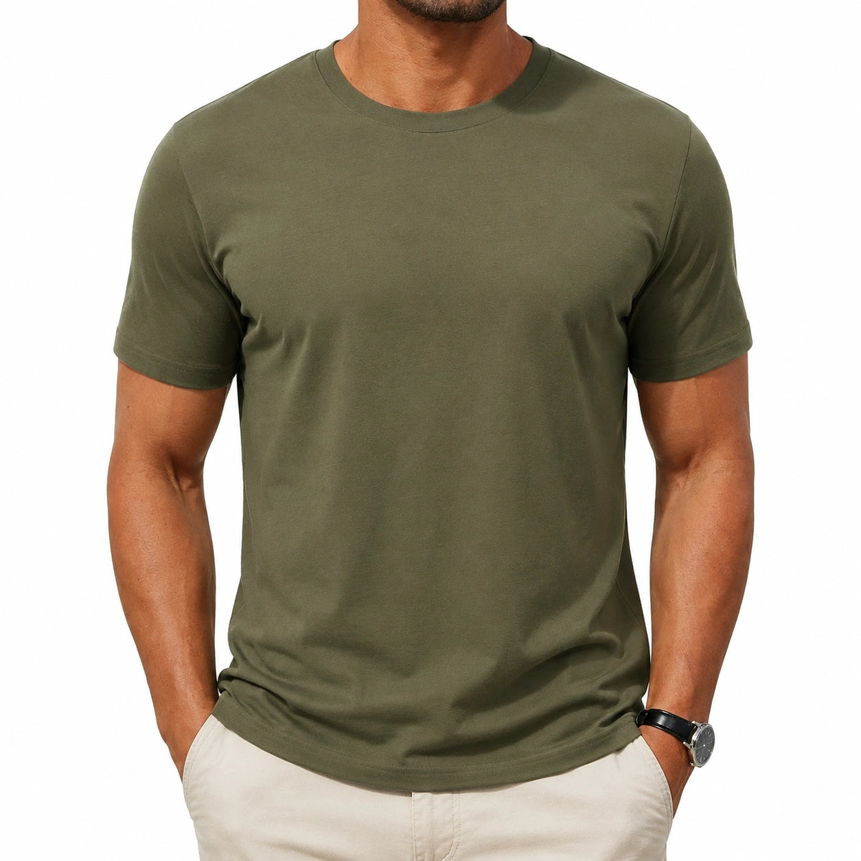 Maglietta uomo L in tessuto verde oliva - girocollo manica corta stile casual